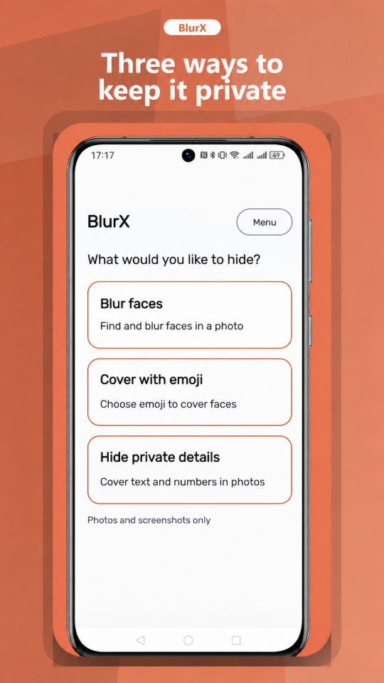 BlurX home screen with three options: blur faces, add emoji, and hide private details.